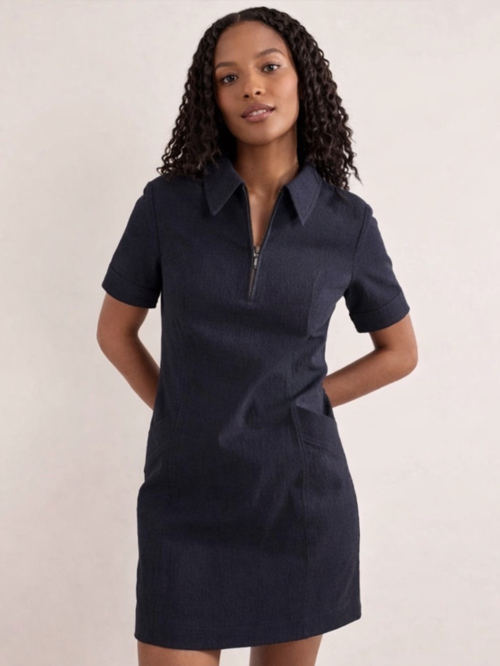 Boden Navy Zip Front Mini Shift‎ Dress Collared Short Sleeve Textured US 12